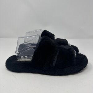 Fabletics Women Black Plush Fur Slides Slippers Cozy Comfort Size 9